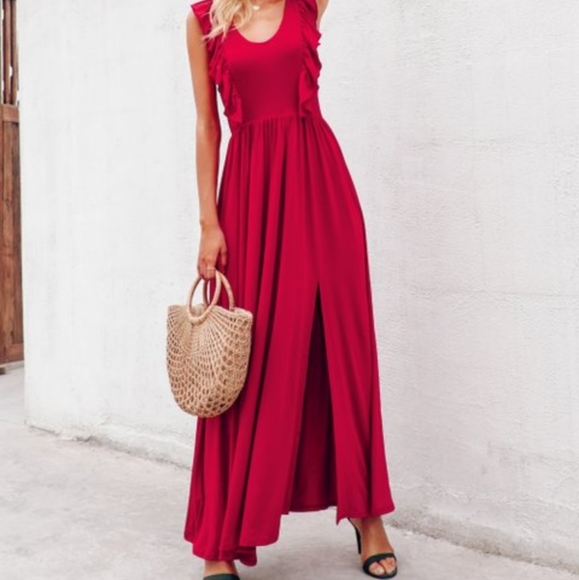 Red Slit-Front Ruffle Sleeveless Maxi Dress - Picture 2 of 2